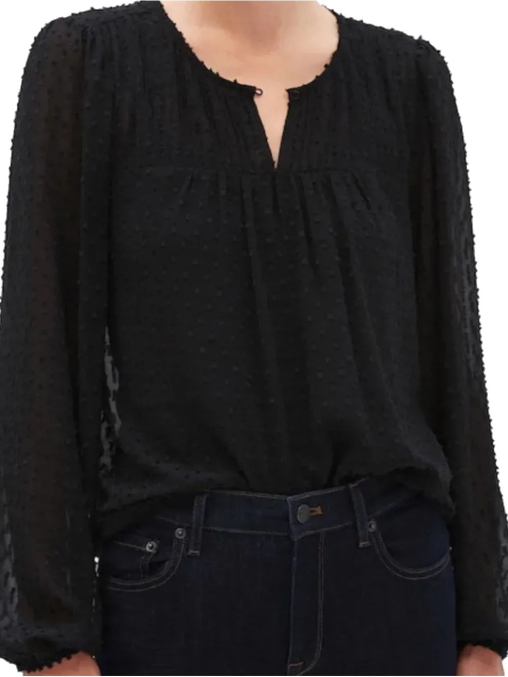 🌺 2/$20 Banana Republic sheer dotted black peasant blouse Petite small